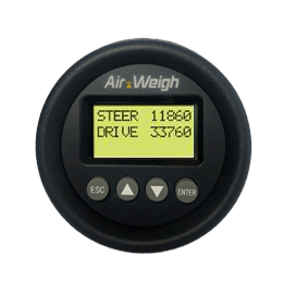 Round Air-Weigh digital gauge displaying "STEER 11860" and "DRIVE 33760" with control buttons.
